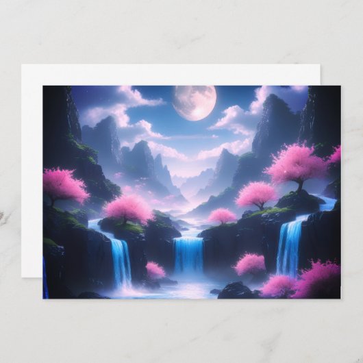 Sakora tree-Moonlit Waterfall with Cherr-pink Einladung (Vorne/Hinten)
