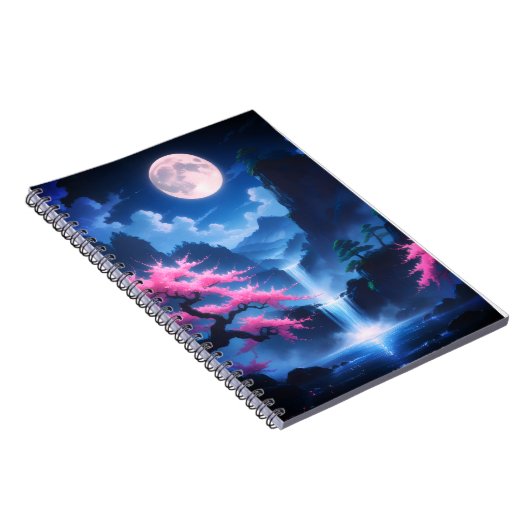 Sakora tree-Moonlit Waterfall with Cherr-pink Notizblock (Rechte Seite)
