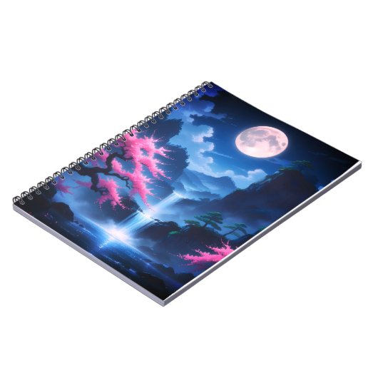 Sakora tree-Moonlit Waterfall with Cherr-pink Notizblock (Linke Seite)