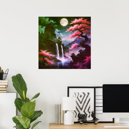 Sakora tree-Moonlit Waterfall with Cherr-pink Poster (Heimbüro)