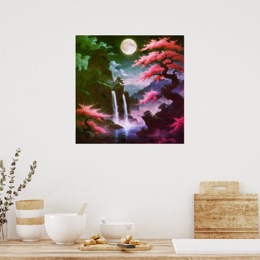 Sakora tree-Moonlit Waterfall with Cherr-pink Poster (Küche)
