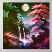 Sakora tree-Moonlit Waterfall with Cherr-pink Poster (Vorne)
