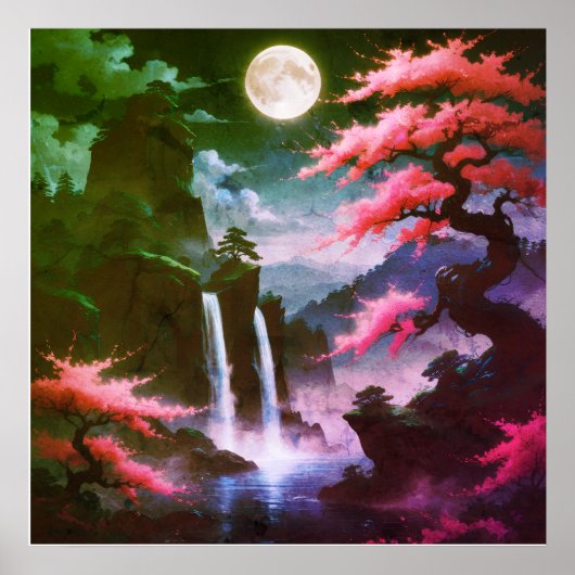 Sakora tree-Moonlit Waterfall with Cherr-pink Poster (Vorne)