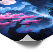 Sakora tree-Moonlit Waterfall with Cherr-pink Poster (Ecke)