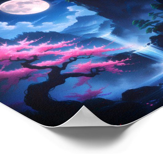 Sakora tree-Moonlit Waterfall with Cherr-pink Poster (Ecke)
