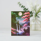 Sakora tree-Moonlit Waterfall with Cherr-pink Postkarte (Stehend Vorderseite)