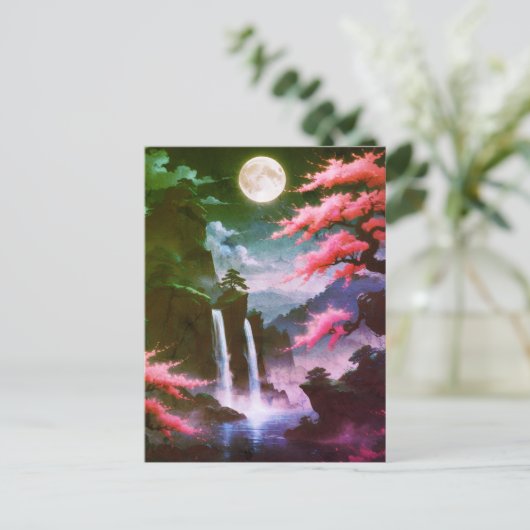 Sakora tree-Moonlit Waterfall with Cherr-pink Postkarte (Stehend Vorderseite)