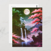 Sakora tree-Moonlit Waterfall with Cherr-pink Postkarte (Vorne/Hinten)