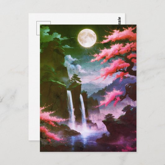 Sakora tree-Moonlit Waterfall with Cherr-pink Postkarte (Vorne/Hinten)