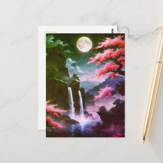Sakora tree-Moonlit Waterfall with Cherr-pink Postkarte (Vorderseite/Rückseite Beispiel)