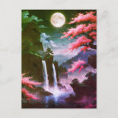 Sakora tree-Moonlit Waterfall with Cherr-pink Postkarte (Vorderseite)