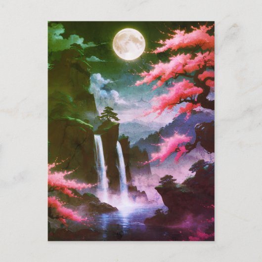 Sakora tree-Moonlit Waterfall with Cherr-pink Postkarte (Vorderseite)