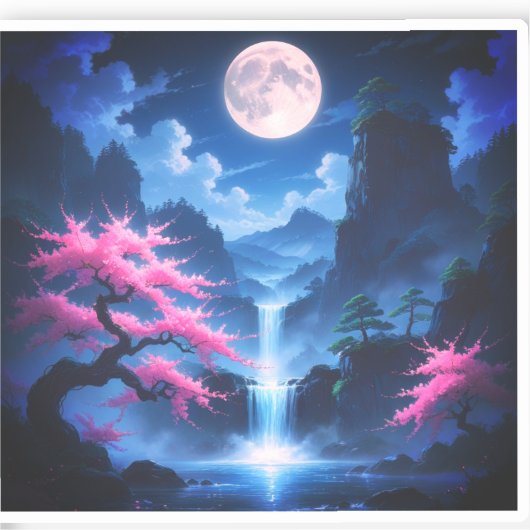 Sakora tree -Moonlit Waterfall with Cherry-nature Aufkleber (Vorderseite)