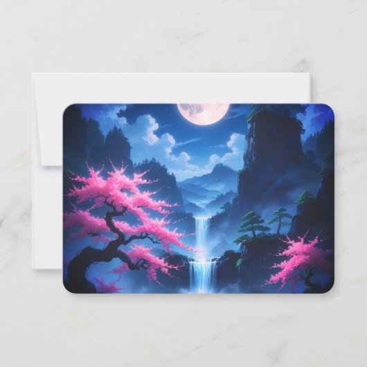 Sakora tree -Moonlit Waterfall with Cherry-nature RSVP Karte (Vorderseite)