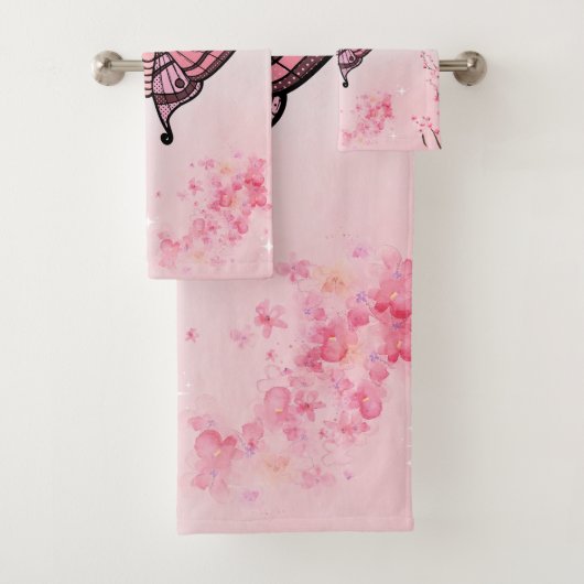 Sakura Bliss, rosa Moth, Sakura Hintergrund Badhandtuch Set (Insitu)