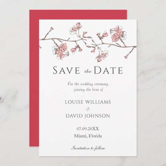 Sakura Blossom Save the Date Card Einladung (Vorne/Hinten)
