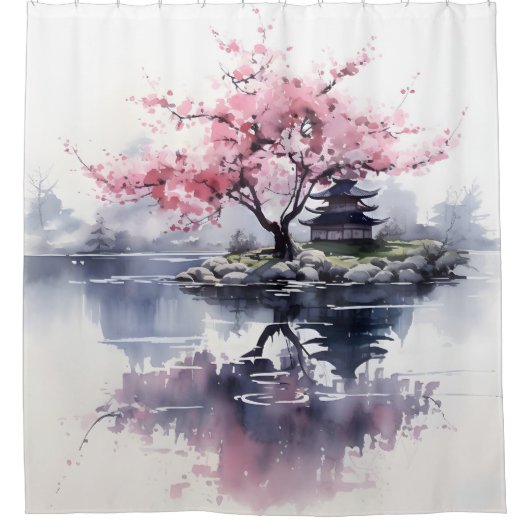 Sakura Blühen über dem See Duschvorhang (Vorderseite)
