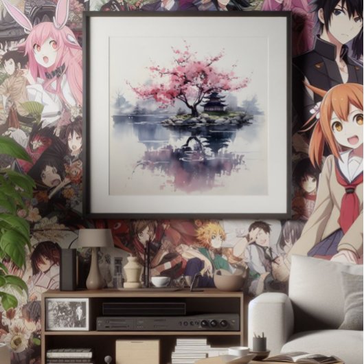 Sakura Blühen über dem See Fotodruck