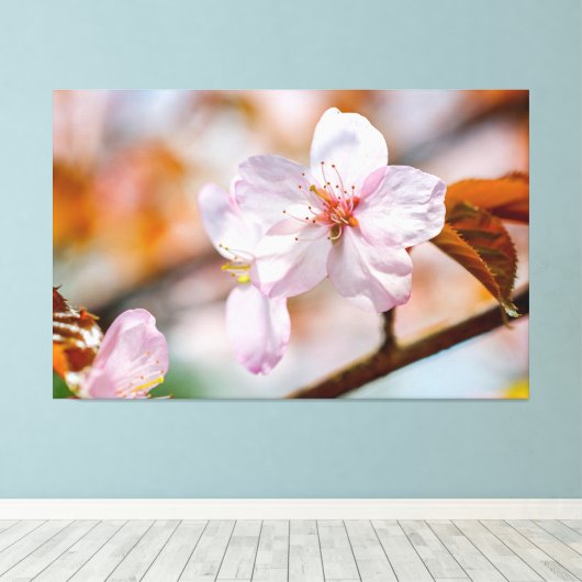 Sakura-Blume und Orangefarbene Blätter im Frühjahr Leinwanddruck (Insitu (Holzboden))