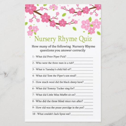 Sakura Branch Kinderzimmer Rhyme Quiz Babydusche (Vorderseite)