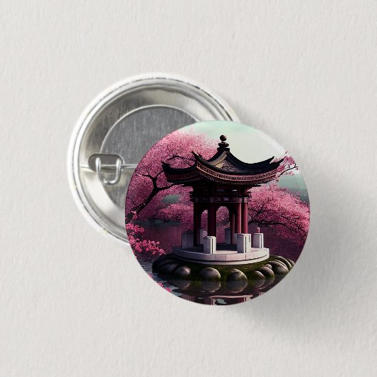 Sakura Cherry Blossom Garden Shrine Pond Japanisch Button (Vorne & Hinten)
