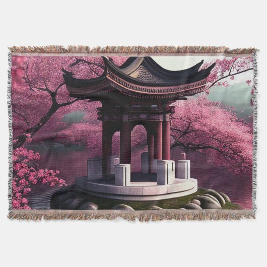 Sakura Cherry Blossom Garden Shrine Pond Japanisch Decke (Vorderseite)
