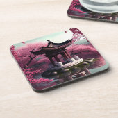 Sakura Cherry Blossom Garden Shrine Pond Japanisch Getränkeuntersetzer (Linke Seite)