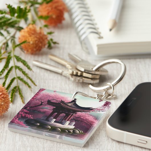 Sakura Cherry Blossom Garden Shrine Pond Japanisch Schlüsselanhänger (Vorderseite rechts)