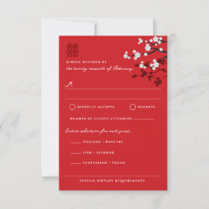 Sakura Double Happy Chinese Wedding RSVP Card Karte