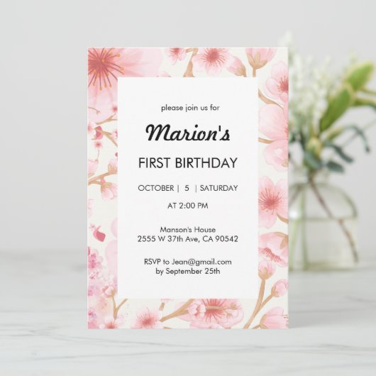 Sakura Einladung zum ersten Geburtstag (Stehend Vorderseite)