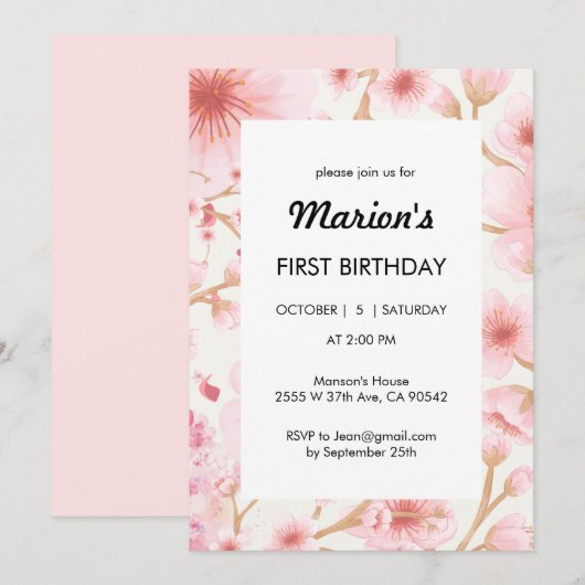 Sakura Einladung zum ersten Geburtstag (Vorne/Hinten)