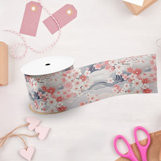 Sakura Floral Navy Waves Satinband
