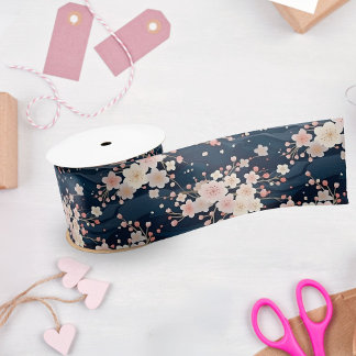 Sakura Floral Navy Waves Satinband