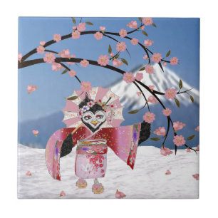 Sakura Geisha Bird in den Snow-Cherry-Blüten Fliese