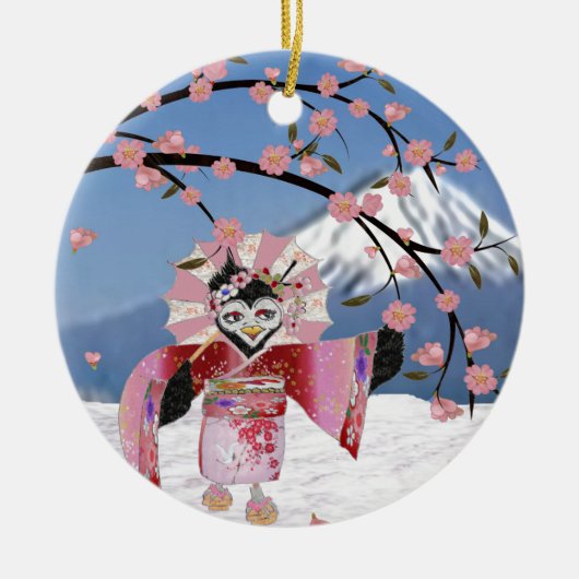 Sakura Geisha Bird in den Snow-Cherry-Blüten Keramikornament (Vorne)