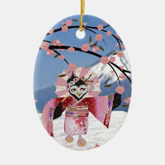 Sakura Geisha Bird in den Snow-Cherry-Blüten Keramikornament (Vorne)
