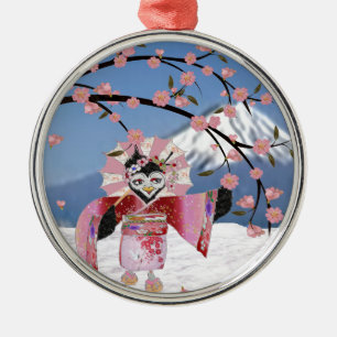 Sakura Geisha Bird in den Snow-Cherry-Blüten Ornament Aus Metall