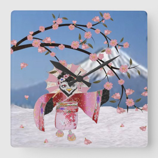 Sakura Geisha Bird in den Snow-Cherry-Blüten Quadratische Wanduhr (Vorderseite)