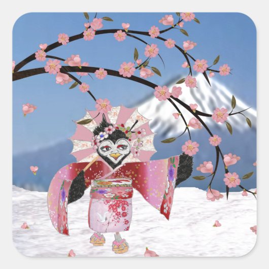 Sakura Geisha Bird in den Snow-Cherry-Blüten Quadratischer Aufkleber (Vorderseite)