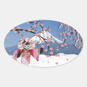 Sakura Geisha-Vogel im Schnee Kirschblüten Ovaler Aufkleber