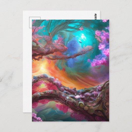 Sakura in Fantasy Landschaft Postkarte (Vorne/Hinten)