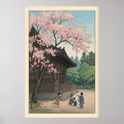 Sakura Jiin Druck Frühlings-Tempel-Szene mit Kinde Poster (Vorne)