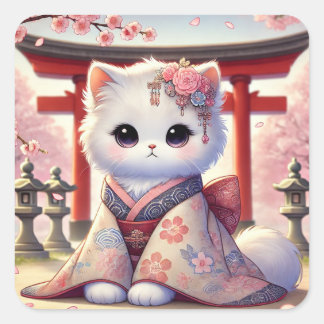 Sakura Kimono Cat in Japan Quadratischer Aufkleber