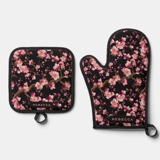 Sakura-Kirschblüten-Muster Ofenhandschuh & Topflappen-Set (Vorderseite)
