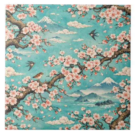 Sakura Kirschblüten Ukiyo-e Keramikfliese (Vorderseite)