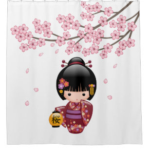 Sakura Kokeshi Doll Geisha Girl Cherry Blossom Duschvorhang