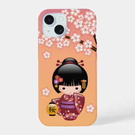 Sakura Kokeshi Doll - Geisha Girl on Peach iPhone 15 Hülle