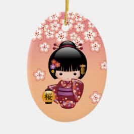 Sakura Kokeshi Doll - Geisha Girl on Peach Keramik Ornament