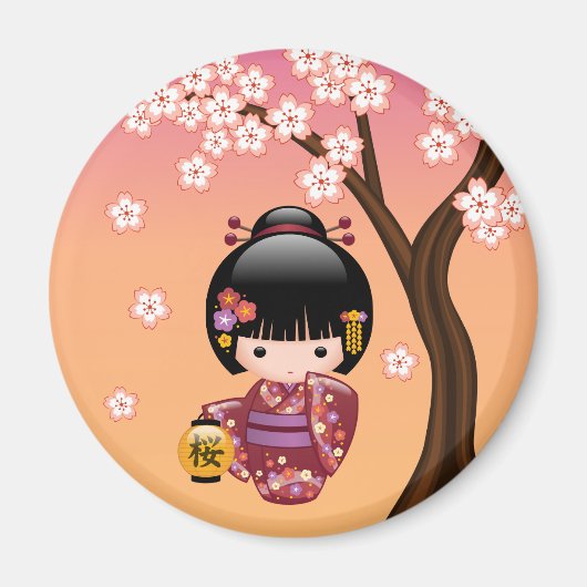 Sakura Kokeshi Doll - Geisha Girl on Peach Magnet (Vorne)