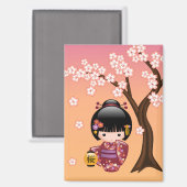 Sakura Kokeshi Doll - Geisha Girl on Peach Magnet (Vorderseite/Rückseite)